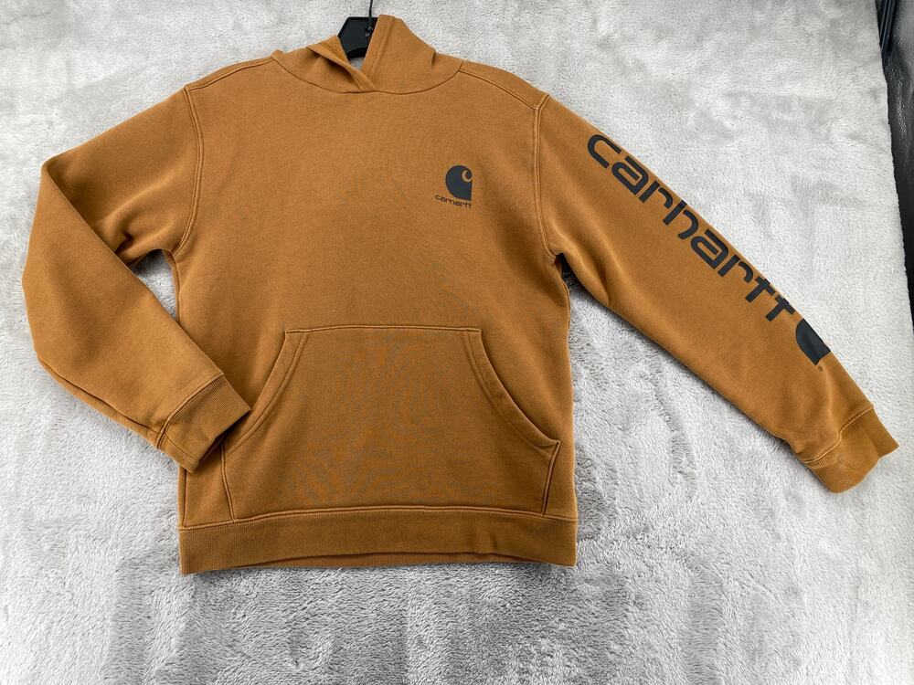 Carhartt Youth Large 14/16 Brown Fleece Lined Hoodie Workwear Sweatshirt